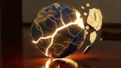 Cracked Globe Shattering with Glowing Fault Lines on Wooden Surface