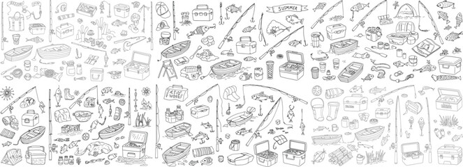Fototapeta premium A collection of fishing-themed illustrations featuring gear, fish, and summer activities.