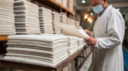 Medium shot of worker comparing different linen samples side by side to ensure consistent weave and fabric weight before packaging