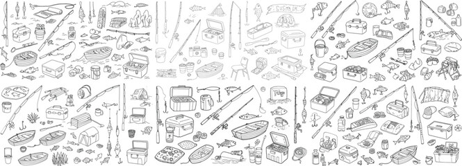 A detailed illustration of fishing gear and aquatic life, perfect for enthusiasts of fishing activities.