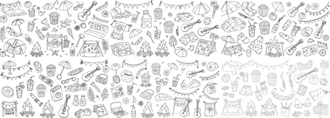A fun summer illustration filled with hand-drawn elements like food, music, and beach essentials.