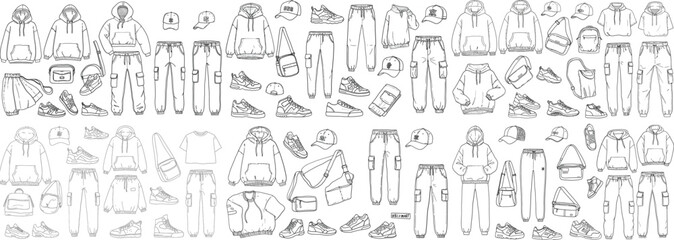 Fototapeta premium Stylish streetwear collection featuring hoodies, joggers, caps, and sneakers in a monochrome sketch style.