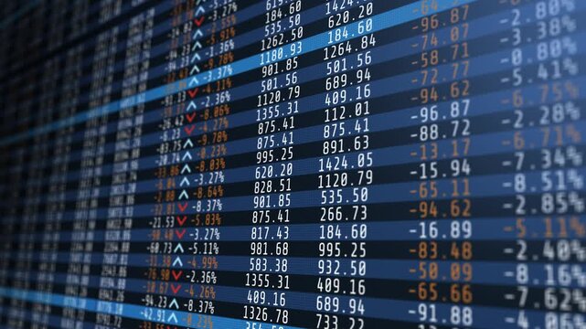 Display stock price table volume value arrow row move numbers of data price moving plus and minus financial stock economy market screen display investment trading real time.