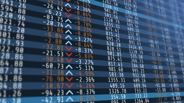 Display stock price table volume value arrow row move numbers of data price moving plus and minus financial stock economy market investment trading real time.