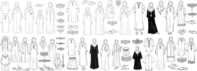 A diverse collection of traditional women's attire showcasing various styles and accessories in monochrome.