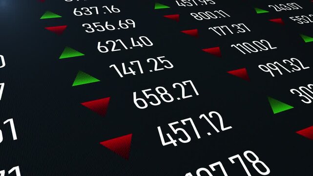 Digital stock market screen display with moving real time financial data numbers illustrating investment volatility and global economic trading performanc