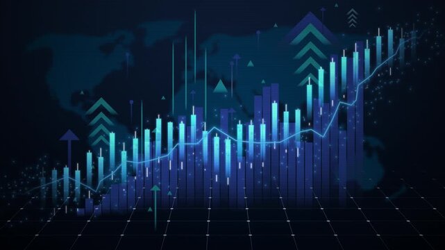 Global world stock market candlestick chart with rising arrow indicating financial growth and bullish trend for corporate investment and economic.