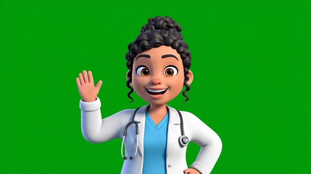 Green Screen Cartoon Doctor Peeking up and Presenting with Stethoscope 3D Render