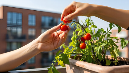 Hands harvesting ripe cherry tomatoes from a balcony garden planter