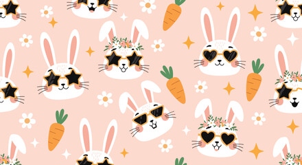 Obraz premium Cute seamless pattern featuring white bunny heads with heart and star sunglasses, orange carrots, and spring flowers on a pink background.