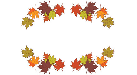 Decorative autumn frame composed of colorful maple leaves in shades of orange, red, and yellow arranged in a symmetrical border on white.