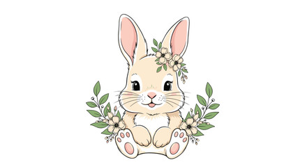 Fototapeta premium Sweet bunny rabbit adorned with a floral crown and framed by green leaves and delicate flowers on white background for spring designs.