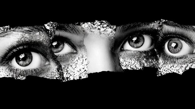 Chaotic montage of vintage newspaper clippings concept. A dramatic portrayal of eyes surrounded by a textured backdrop, evoking mystery and intrigue.