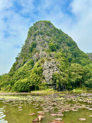 Close up of majestic limestone mountain by poetic Ngo Dong river in Ninh Binh Vietnam. The photo captures a large limestone mountain