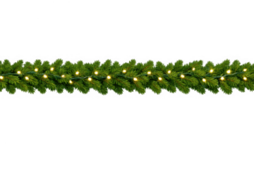 Christmas garland border with glowing fairy lights. Holiday season decoration with green pine branches, transparent background