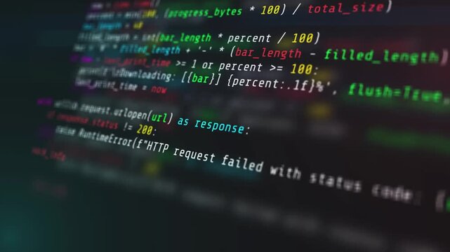 Abstract digital binary code and computer programming source text on screen representing software development data security and information technology background.