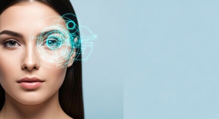 Woman eye scanning with digital holographic interface. Biometric identification and security system. Future technology augmented reality concept.