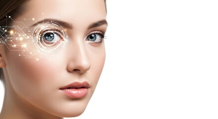 Woman eye scanning with digital holographic interface. Biometric identification and security system. Future technology augmented reality concept.