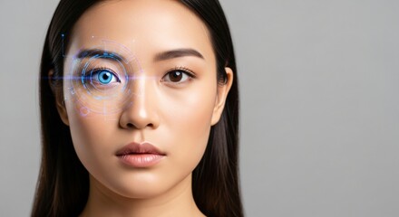 Woman eye scanning with digital holographic interface. Biometric identification and security system. Future technology augmented reality concept.