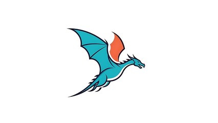 Obraz premium Flying dragon illustration teal orange and white on white