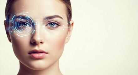 Woman eye scanning with digital holographic interface. Biometric identification and security system. Future technology augmented reality concept.