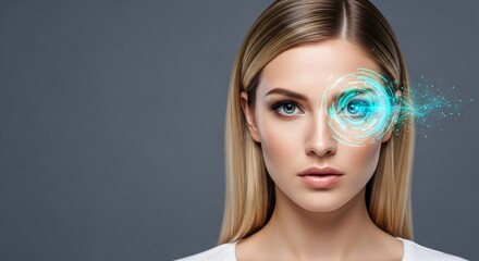 Woman eye scanning with digital holographic interface. Biometric identification and security system. Future technology augmented reality concept.
