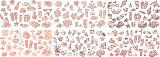 A vibrant collection of summer-themed icons, featuring beach essentials, sunbathing items, and tropical motifs.