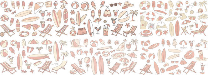 A vibrant collection of beach-themed illustrations including surfboards, beach chairs, and summer accessories.