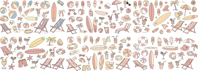 Obraz premium A vibrant summer-themed illustration featuring beach chairs, surfboards, and various summer icons.