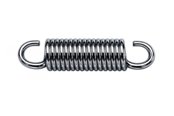 Coil spring developing tension and compression, shiny metal industrial mechanical component on transparent background