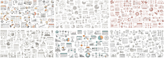 Colorful and monochrome business infographics and charts showcasing data analysis concepts.