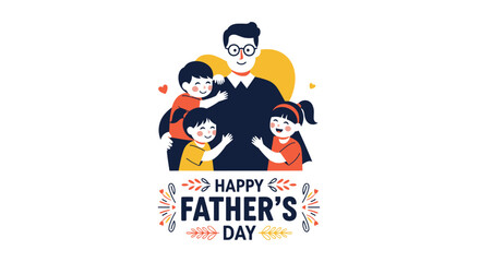 Happy Father's Day illustration featuring a father hugging his four young children in a warm family scene for holiday.