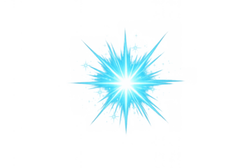 Blue starburst effect radiating light rays with lens flare and dazzling sparkle on transparent background