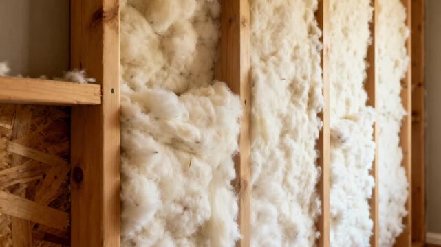 Medium shot showing cotton batt insulation being installed snugly between wall studs highlighting ecofriendly home building.