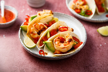Fototapeta premium Taco with shrimps and avocado