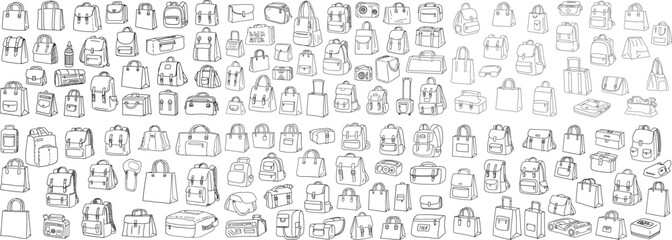 A variety of hand-drawn bags showcasing different styles, sizes, and designs for versatile use.