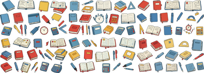 Colorful stationery and books pattern perfect for education themes and academic settings.