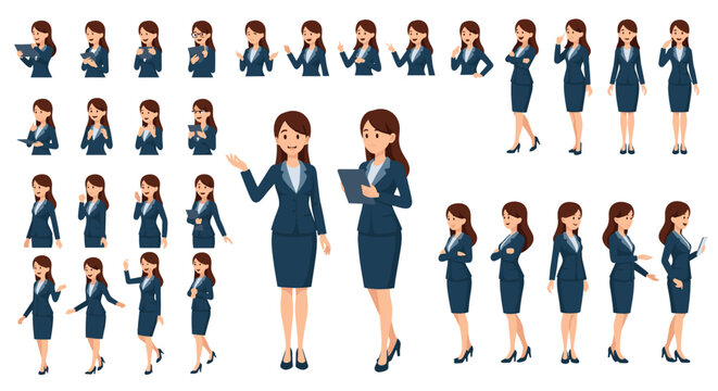 Detailed character sheet for a businesswoman in a professional suit with an extensive range of poses and facial expressions.
