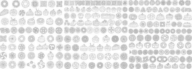 A delightful collection of various hand-drawn sweets and desserts in a monochrome style.