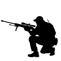 Silhouette of a Soldier Kneeling with Sniper Rifle.
