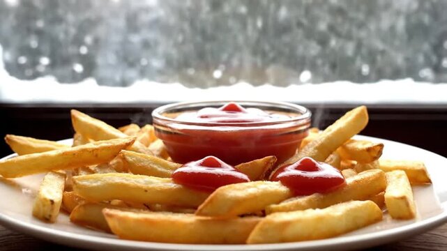A tempting plate of golden-brown, hot potato fries is captured in a delicious close-up, steaming gently. Rich red condiment is artfully drizzled over some of the crispy fries, with an additional full 