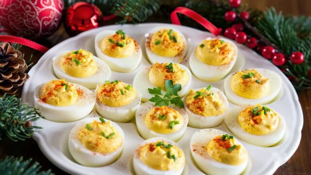Tasty deviled eggs on white plate, garnished with parsley and paprika, surrounded by holiday decor, great for Christmas menus, egg-based recipes, food blogs, cooking apps and festive culinary content