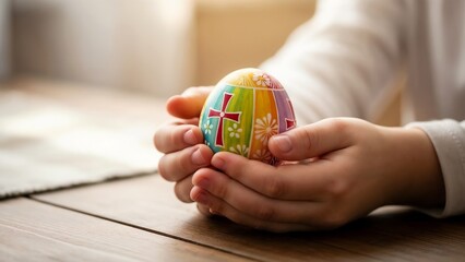 Child holding a beautifully decorated Easter egg with a cross symbol, sitting at a wooden table