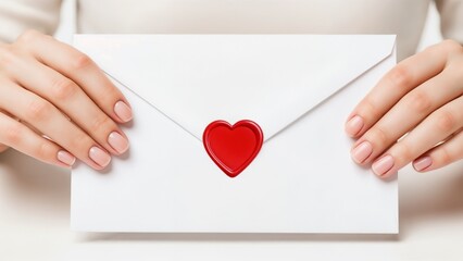 Obraz premium Hands holding a white envelope sealed with a red heart-shaped sticker, symbolizing love and affection