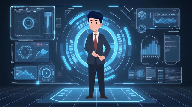 Dynamic businessman in a futuristic digital environment, showcasing advanced data analytics and innovative technology for strategic growth concept words