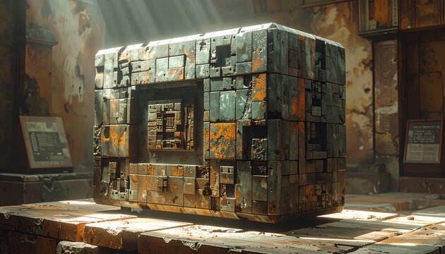 a massive, abandoned structure resembling a computer tower made of concrete blocks with rust and peeling paint.