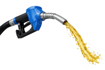 Fuel pump nozzle with a blue handle pouring a stream of gasoline, representing energy, fossil fuels, and high costs