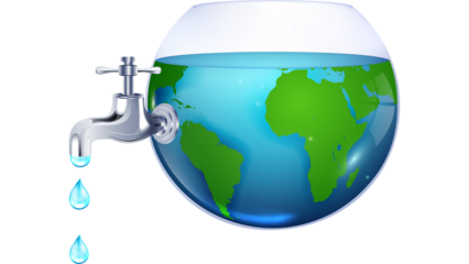 3D Global Water Scarcity Concept with Leaking Tap and Earth Water Tank