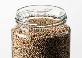Glass container filled with a mixture of small grains against a bright background