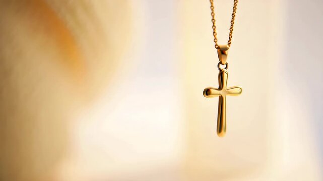 Gold cross pendant necklace against a soft bokeh background, religious symbol in elegant jewelry design, spiritual faith expression, Christian accessory for meaningful personal adornment